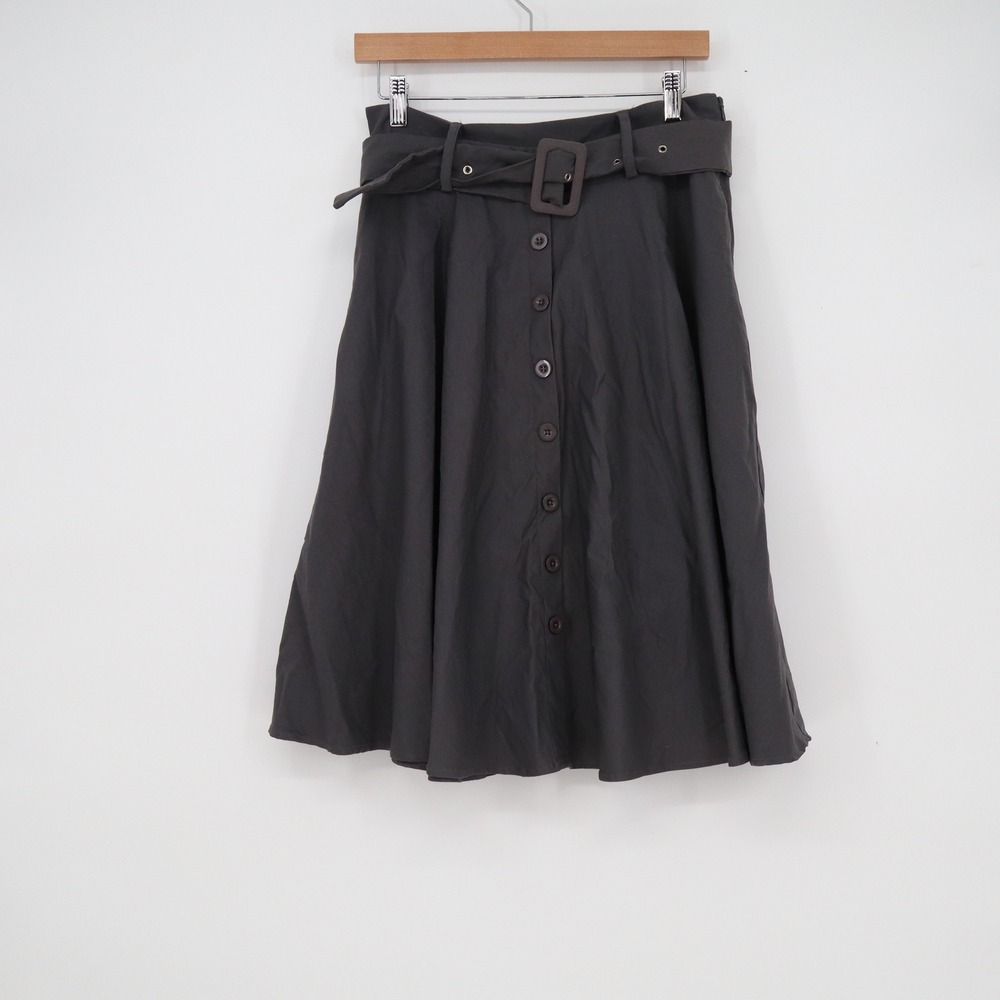 Belle Poque Womens Dark Grey Belted Button Front A-Line Midi Skirt Large